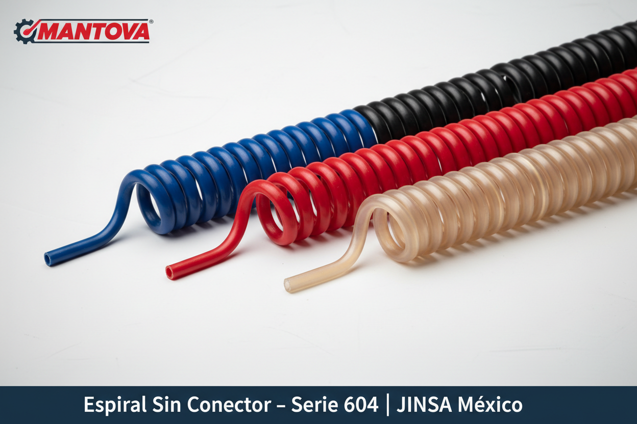 Espiral sin conector neumático Mantova Serie 604 – mangueras en azul, rojo, negro y poliuretano, diámetros 6 a 16 mm – JINSA México