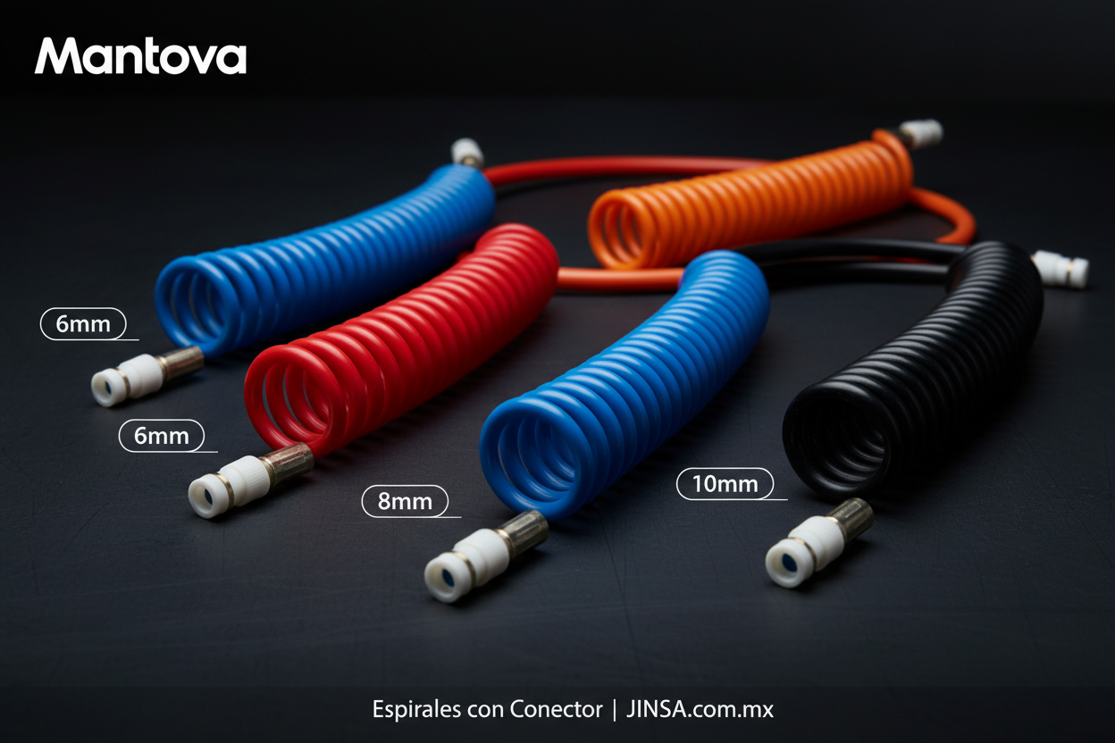 Espirales con conector de nylon con fibra de vidrio Mantova en colores azul, rojo, negro y naranja – mangueras neumáticas industriales disponibles en JINSA