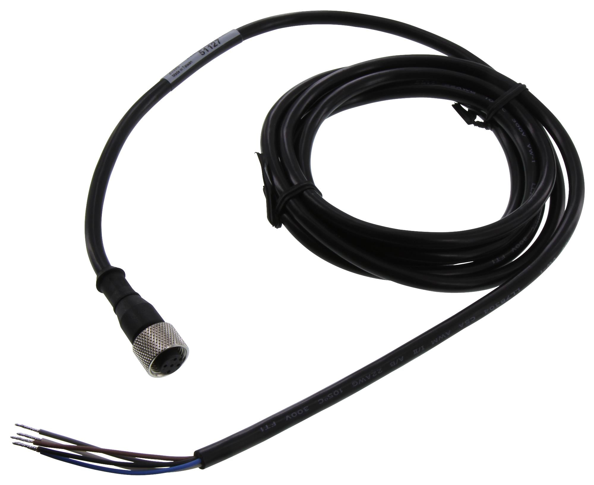 MQDC1-506 Cable: M12 de código A de un solo extremo; conector hembra recto de 5 pines; revestimiento de PVC negro de 2 m (6,56 pies); tuerca de acoplamiento de latón niquelado 51127