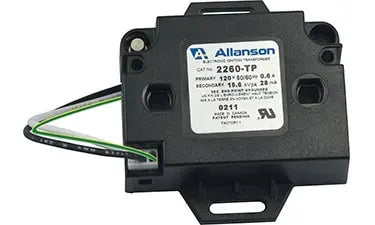 El encendedor electrónico Allanson 2260-TP negro, con cables adjuntos y etiqueta blanca (entrada 120V, salida 15kV), es una fuente de ignición confiable para aplicaciones comerciales.