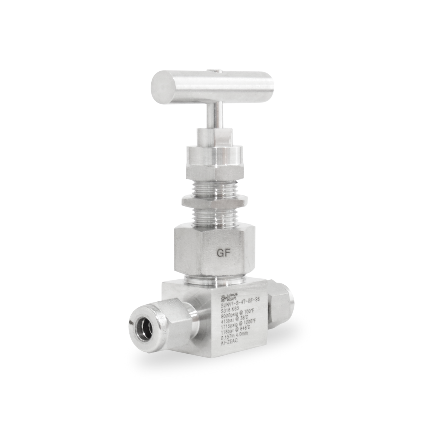 SUNV1-S-4T-GF-S6 Válvula de Aguja A Inox S316 1/4" OD (6,000 PSI)- Bonete Unión, Grafoil, HanSun