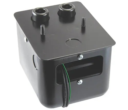 The 421-655-sf-g trasformador de remplazo de servicio ferromagnético features a black metal box with flat top, two cable glands, screws, and green/black wire—ideal as secure fuente de ignición aceite for quemadores industriales.