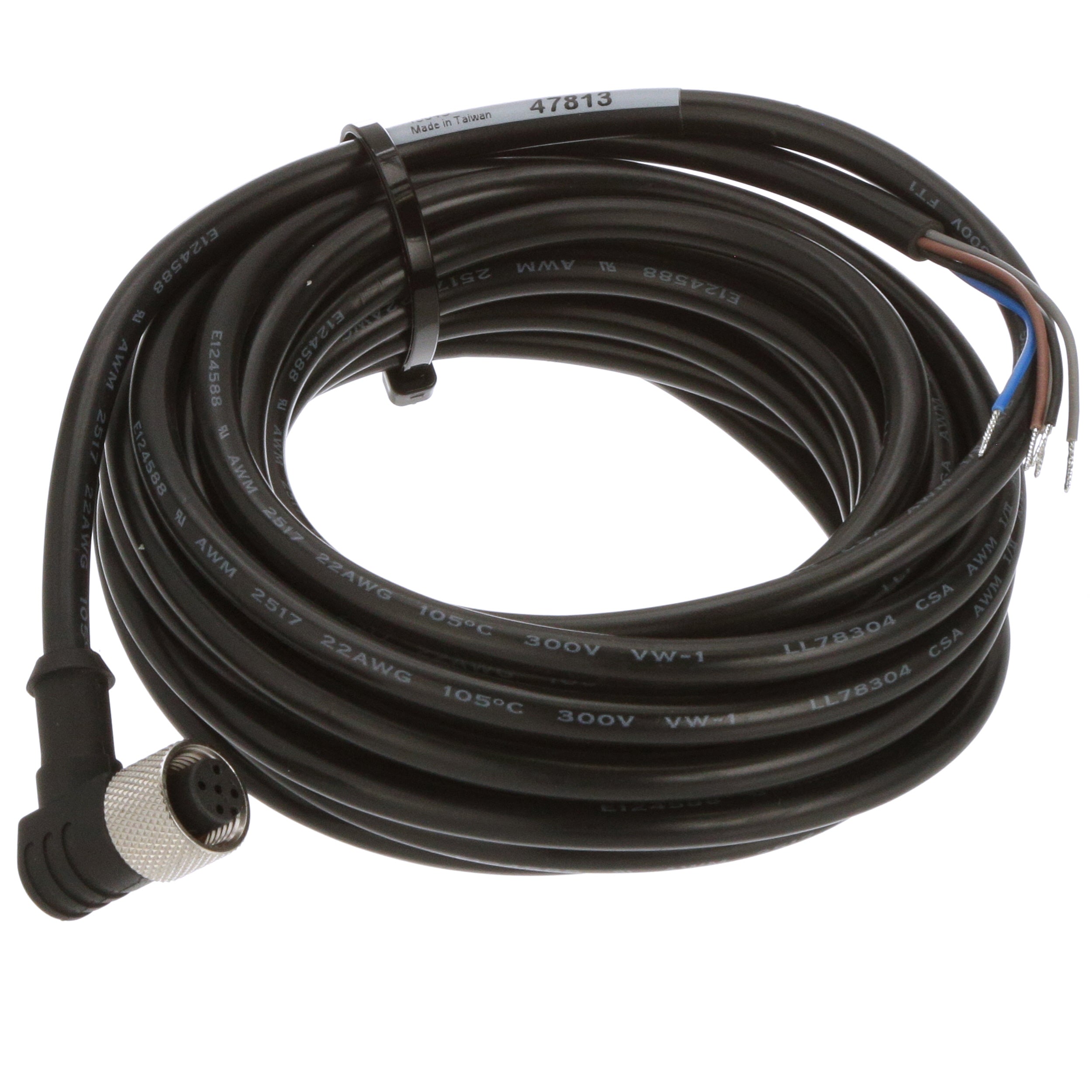 MQDC-515RA Cable: MICRO de un solo extremo; conector hembra de 5 pines en ángulo recto, código C; revestimiento de PVC negro de 5 x 22 de 5 m (16,4 pies); tuerca de acoplamiento de latón niquelado 30622