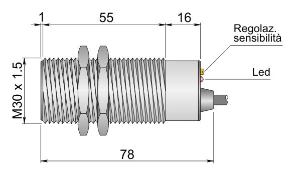 Technical diagram of the C30000040 SENSOR DE PROX 30MM SENSA 20MM SC30SMC20NPNNONC: cylindrical, threaded (M30 x 1.5), dimensions (55mm, 16mm, 78mm), DC 10-55V input, sensitivity adjustment, LED indicator, NPN output.