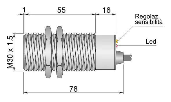 Technical diagram of the C30000040 SENSOR DE PROX 30MM SENSA 20MM SC30SMC20NPNNONC: cylindrical, threaded (M30 x 1.5), dimensions (55mm, 16mm, 78mm), DC 10-55V input, sensitivity adjustment, LED indicator, NPN output.