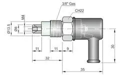 Technical drawing of CLS000001 Controles de Nivel Conductivos CL-A, showing an L-shaped metal valve with labeled dimensions, thread sizes, lengths, diámetros y presión máxima de 12 Bar para fabricación o ensamblaje preciso.