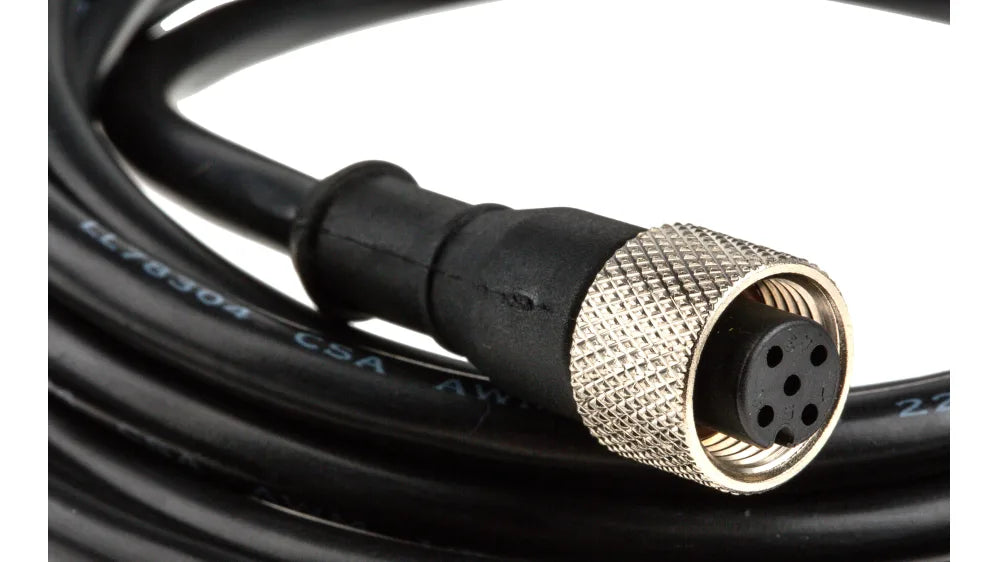 MQDC1-506 Cable: M12 de código A de un solo extremo; conector hembra recto de 5 pines; revestimiento de PVC negro de 2 m (6,56 pies); tuerca de acoplamiento de latón niquelado 51127