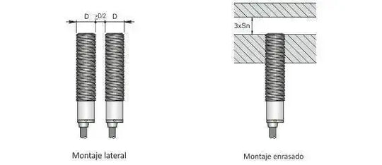 Diagram showing two mounting types for the I12000001 SENSOR DE PROX12MM: lateral with two parallel components, and flush into a block to a set depth. Labels show measurements and grado de protección IP67.