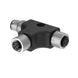 The CSB-M1250M1250-T CONECTOR Divisor M12 T 807397 is a black and silver T-shaped industrial M12 connector with three circular, multi-pin ports, knurled metal grips, and IP67-rated protection.