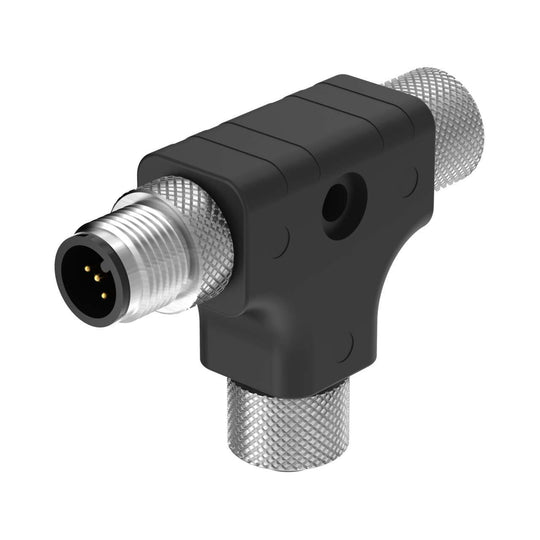 The CSB-M1250M1250-T CONECTOR Divisor M12 T 807397 is a T-shaped industrial M12 connector with three metal, knurled-grip ports and a black plastic casing, featuring circular pin connectors—ideal for cable division in harsh IP67 environments.