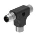 The CSB-M1250M1250-T CONECTOR Divisor M12 T 807397 is a T-shaped industrial M12 connector with three metal, knurled-grip ports and a black plastic casing, featuring circular pin connectors—ideal for cable division in harsh IP67 environments.