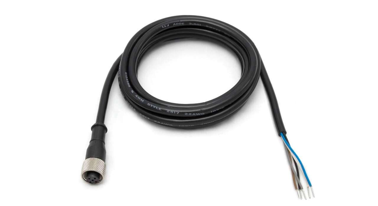 MQDC1-530 Cable: M12 de un solo extremo; conector hembra recto de 5 pines; revestimiento de PVC negro de 5 x 22 de 9 m (29,53 pies); tuerca de acoplamiento de latón niquelado 47814