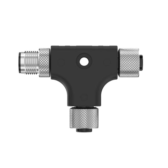 The CSB-M1250M1250-T CONECTOR Divisor M12 T 807397 is a black and silver T-shaped M12 connector with three knurled ends for IP67 use, displayed on a white background.