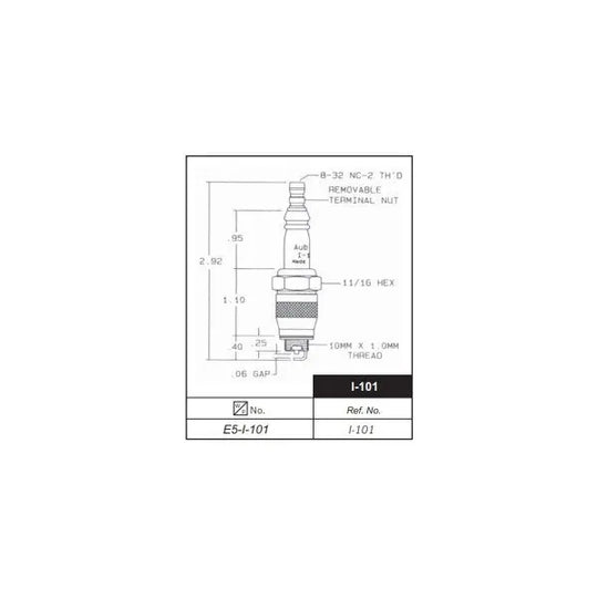 Technical drawing of the e5-I-2-1 bujia de ignición con varrilla e5-i-2-1 spark plug with labeled measurements, including thread size, hex size, gap, removable terminal nut, and reference numbers in black and gray boxes.