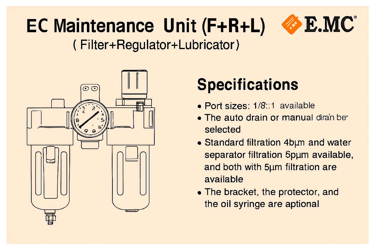 EC4010-04D-T  FILTRO REGULADOR + LUBRICADOR FR+L 1/2 C/MANOMETRO PURGA AUTOMATICA