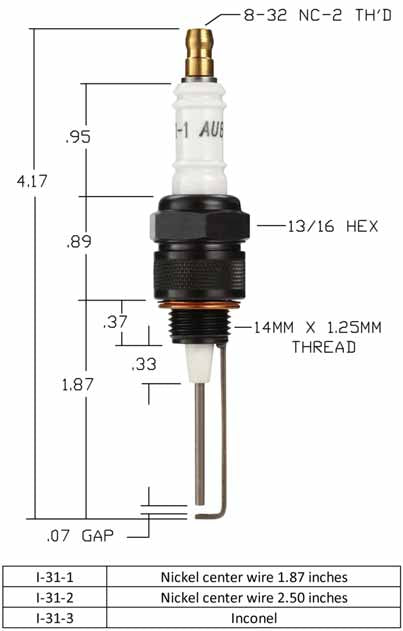 Ficha AUBURN I-31: bujía de ignición y tabla que identifica I-31-1 con electrodo central de níquel de 1.87 pulgadas