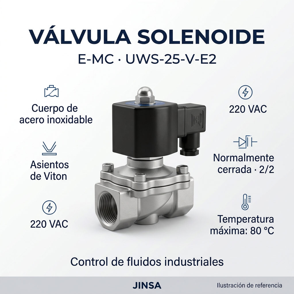 Ilustración comercial de la válvula solenoide E-MC UWS-25-V-E2 con sus características