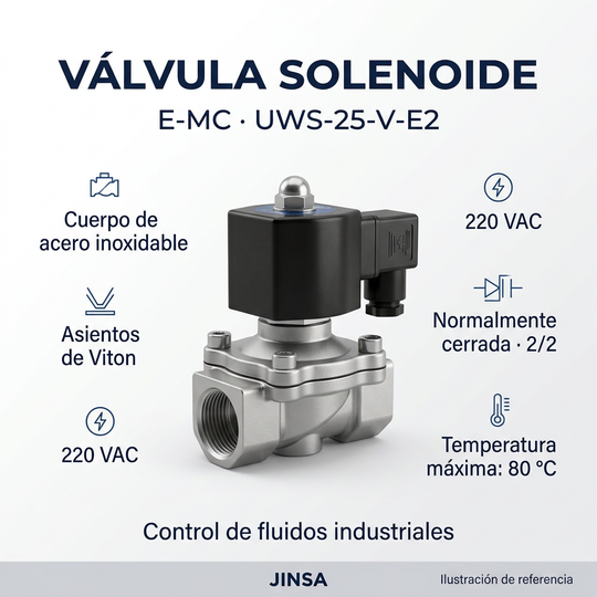 Ilustración comercial de la válvula solenoide E-MC UWS-25-V-E2 con sus características