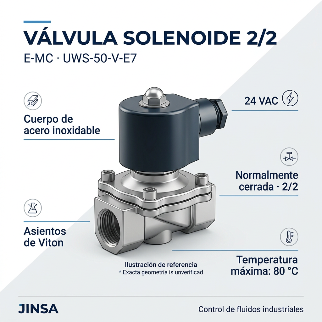 Ilustración comercial de la válvula solenoide E-MC UWS-50-V-E7 de acero inoxidable