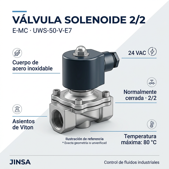 Ilustración comercial de la válvula solenoide E-MC UWS-50-V-E7 de acero inoxidable
