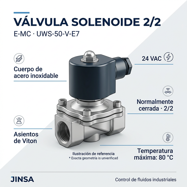 Ilustración comercial de la válvula solenoide E-MC UWS-50-V-E7 de acero inoxidable