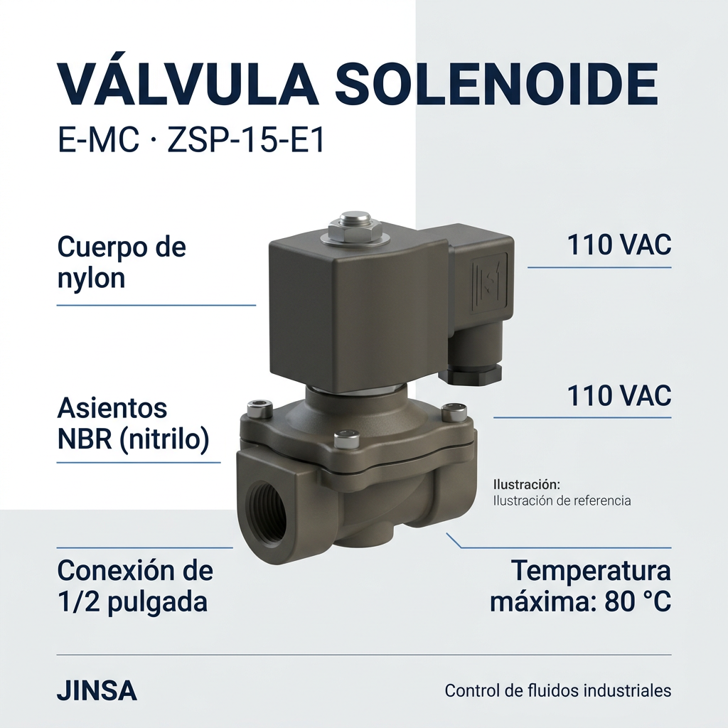Ilustración comercial de la válvula solenoide E-MC ZSP-15-E1 con cuerpo de nylon y asientos NBR