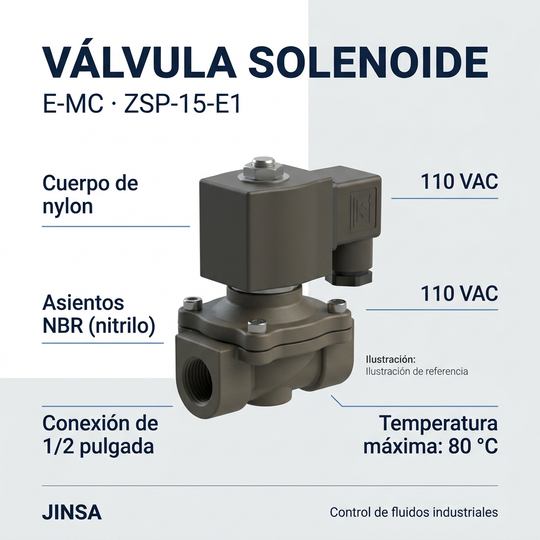 Ilustración comercial de la válvula solenoide E-MC ZSP-15-E1 con cuerpo de nylon y asientos NBR