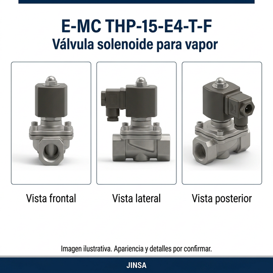 Válvula E-MC THP-15-E4-T-F en tres ángulos ilustrativos