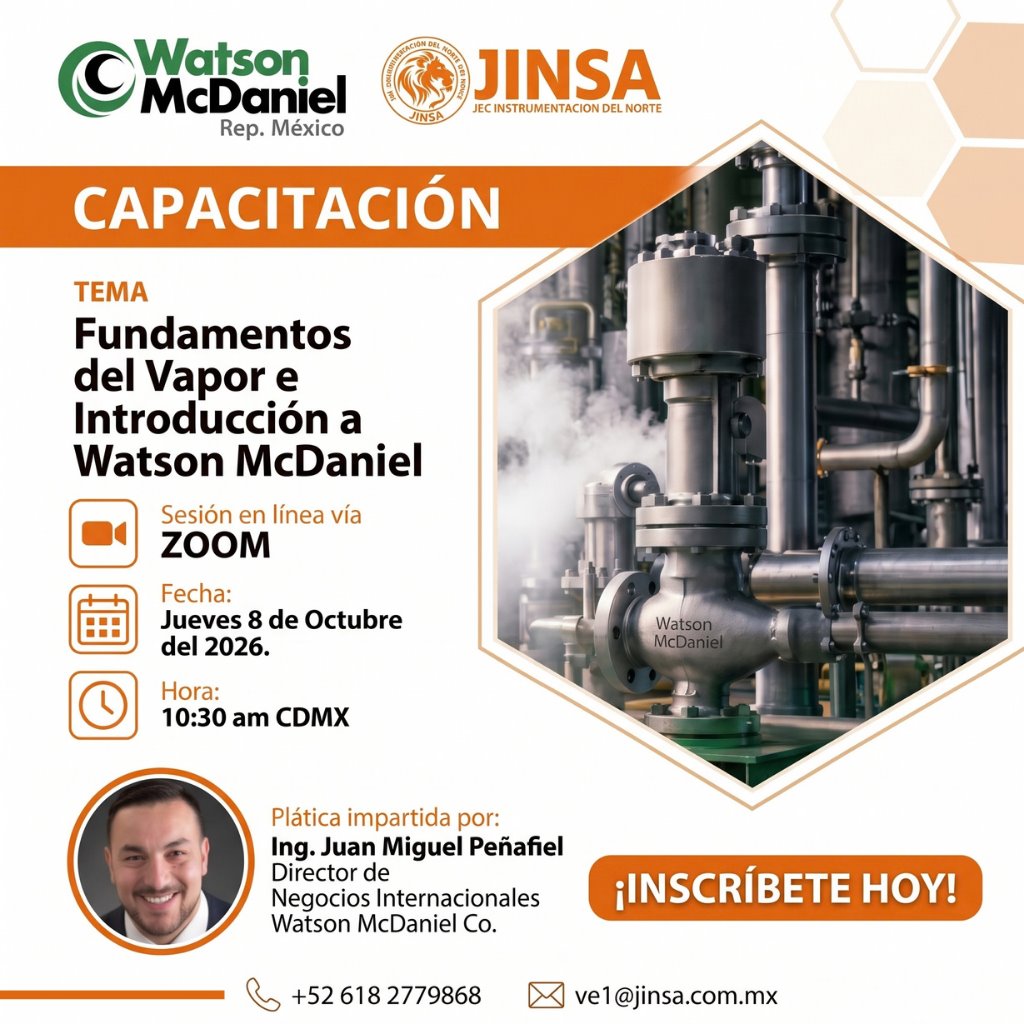 Invitación: Capacitación Fundamentos del Vapor e Introducción a Watson McDaniel. Jueves 8 de octubre de 2026, 10:30 a. m. (hora CDMX), por Zoom.
